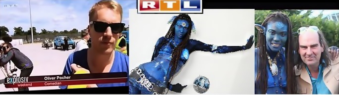 Oliver Pocher in RTL Explosiv mit Avatar Body-paint von Christine Dumbsky, deren Avatar Bodypainting Model mit Guido Horn - PC-Fritz Medienpromotiontour begleitet von RTL mit vielen Stars wie Jana Ina und Giovanni Zarella, Oliver Pocher, Stars und Sternchen von DSDS, Guildo Horn, Michael Ammer, Nino De Angelo u. v. m. diese Kampangne ging monatelang durch smtliche Medien und die Knstlerin wurde fr die Maskottchenbegleitung gebucht.